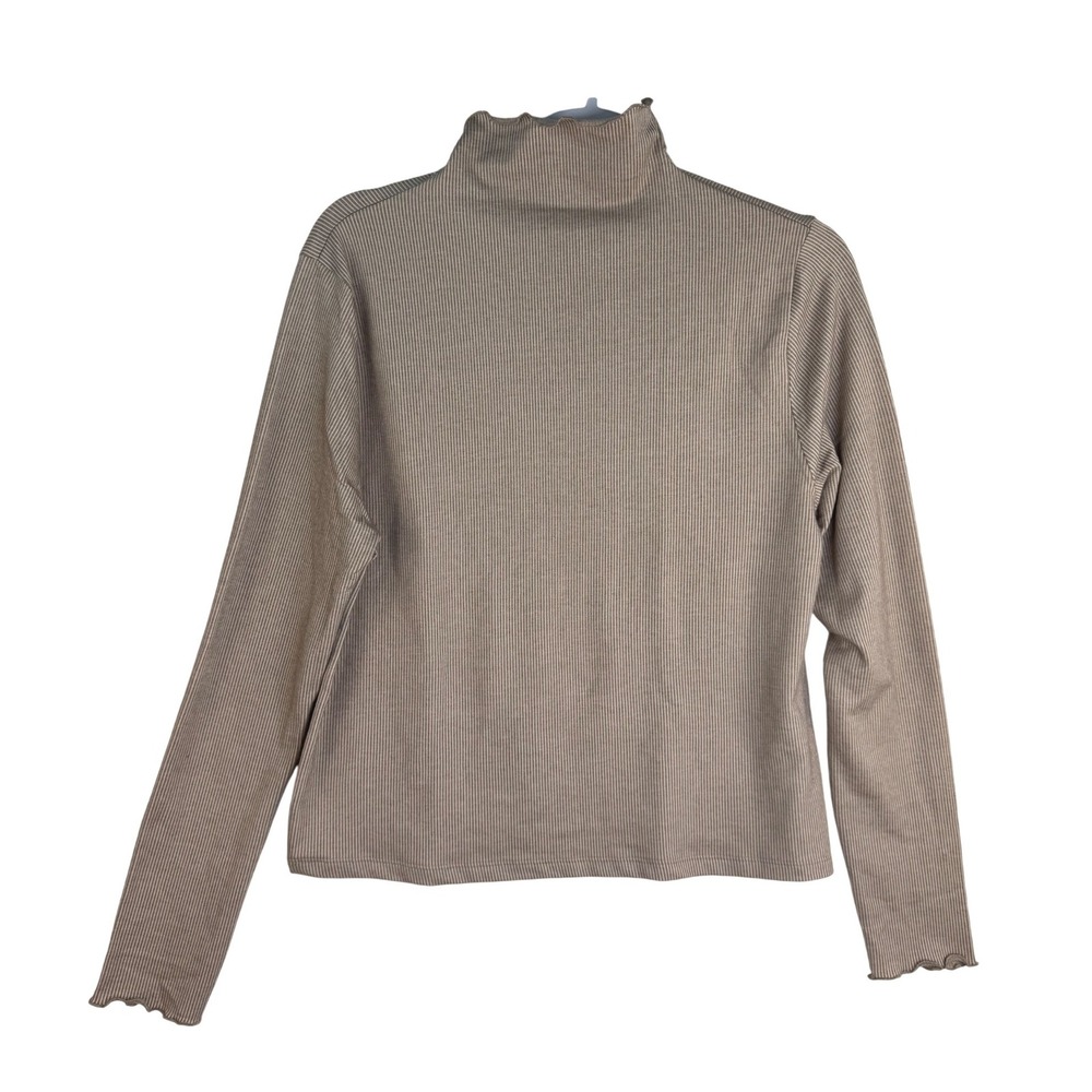 Serra Womens XL Ribbed Mock Neck Long Sleeve Top Taupe Lettuce Edge Trim